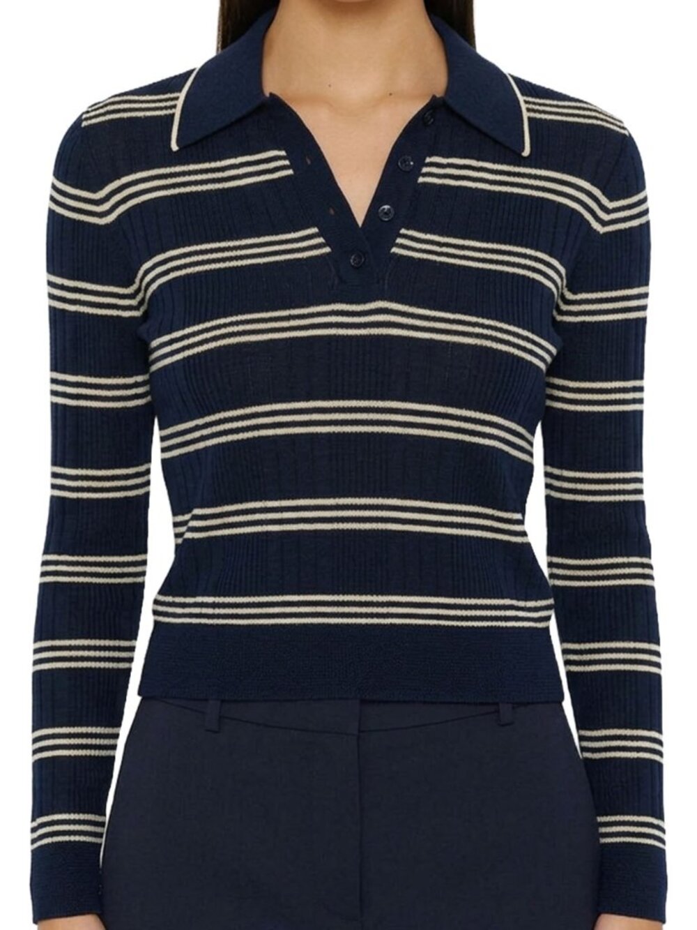 Reformation Hermia Regenerative Merino Polo Parmesan Navy Stripe Ribbed XS